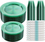 DaYammi 350 Pieces Green Glitter Dinnerware Set 50 Guest for Party St Patricks Day Plates - 50 Dinner Plates, 50 Dessert Plates - 50 Per Rolled Napkins with Green Cutlery - 50 Disposable Cups 9 OZ