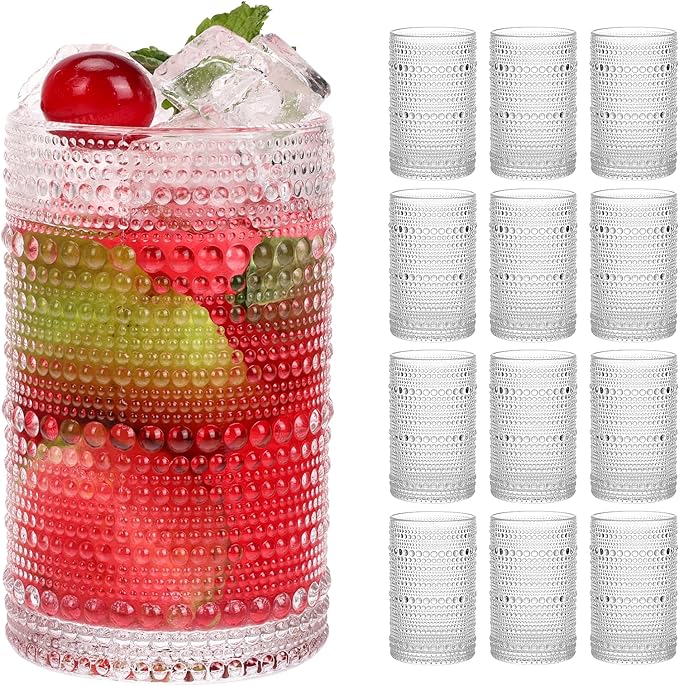 Moretoes Large Hobnail Drinking Glass Set of 12,15oz Clear Vintage Glassware,Embossed Glass Cups,Water Tumbler,Highball Glasses For Beer, Juice And Various Mixed Drinks