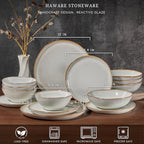 HaWare Plates and Bowls Set, Stoneware Dinnerware Sets, 16-Piece Hand-painted Dishware for 4, Ceramic Dish Set for Home Kitchen, Scratch Resistant, Microwave and Dishwasher Safe, Reactive Pearl White