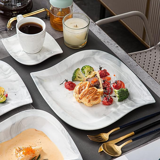 MALACASA Marble Grey Dinnerware Sets, 30-Piece Porcelain Dinnerware Set, Modern Plates and Bowls Set with Dinner Plate, Dessert Plate and Salad Pasta Bowl, Cup and Saucer, Service for 6, Series Elvira