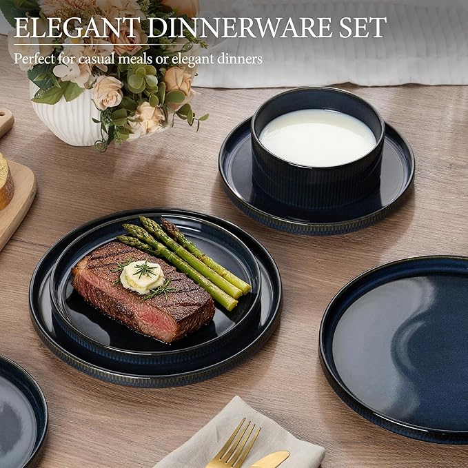 E-far 24-Piece Stoneware Dinnerware Sets, Plates and Bowls Sets for 8, Kitchen Dinning Porcelain Ribbed Dishes Set, Chip & Scratch Resistant, Dishwasher & Microwave Safe, Midnight Blue