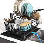 BOOSINY 2 Tier Black Large Stainless Steel Dish Drainers Drying Rack for Kitchen Counter with Drainboard, Rust Proof Metal, Space Saving, Modern Aesthetic, Compact Plates Strainers with Extra Mat
