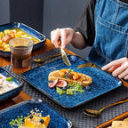 vancasso Stern Blue Dinnerware Set Square Tableware 16 Pieces Kitchen Dinnerware Stoneware Crockery Set with Dinner Plate, Dessert Plate, Bowl and Soup Plate Service for 4