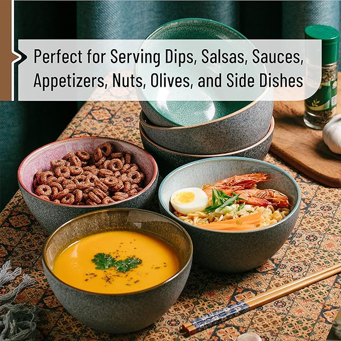 Brew To A Tea BTaT- Ceramic Cereal Bowls, 29 oz, 6 Pack, 6.3 Inches, Glazed Colors Inside, Chip-Resistant Dishwasher & Microwave Safe Bowls for Cereal, Soup, Salads, Snacks, Side Dishes