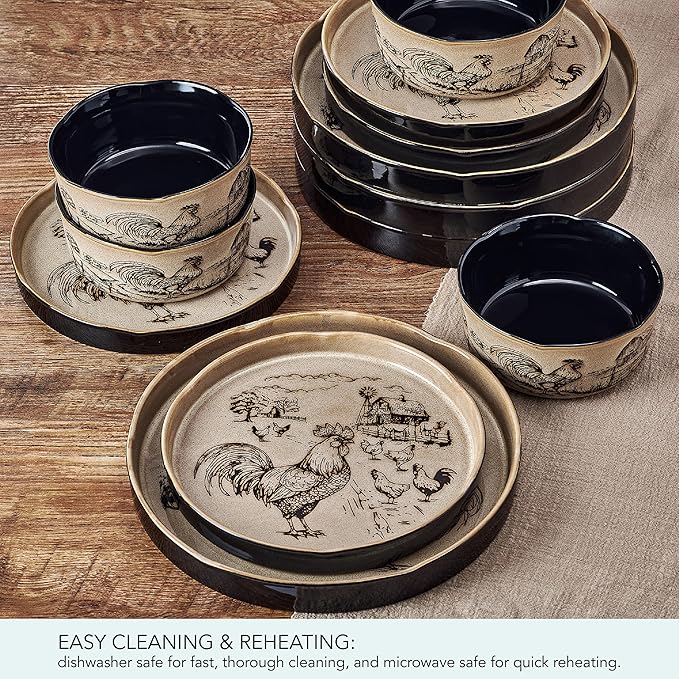 Pfaltzgraff Farmyard Rooster 12 Piece Farmhouse Style Dinnerware Set, Service for 4, Plate Bowl with High Rims, Rustic Design, Brown Black