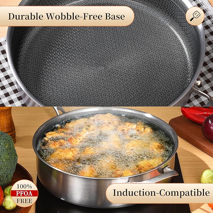 LOLYKITCH 7 Quarts Hybrid Non Stick Tri-Ply Stainless Steel Sauté Pan with Lid,12 Inch Deep Frying Pan,Large Skillet,Induction Cooking Pan, Oven Safe and Detachable Handle.