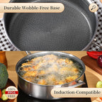 LOLYKITCH 6 Quarts Hybrid Non Stick Tri-Ply Stainless Steel Sauté Pan with Lid,12 Inch Deep Frying Pan,Large Skillet,Induction Cooking Pan, Oven Safe and Detachable Handle.