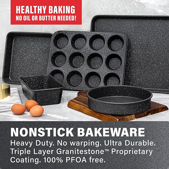 Granitestone Ultra Nonstick Bakeware Set, 5 Piece Dishwasher Safe Baking Pans Set with Muffin Pan, Loaf Pan, Round Baking Tray & Baking Sheet for Oven with Even Heating &No Warp Technology