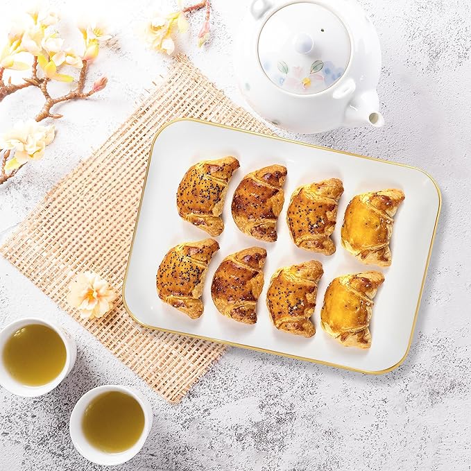 R-kay 3 Pack Plastic Serving Trays for Party - White and Gold Tray 8 by 11 in Heavy Duty Dessert Food Rectangular Premium Platters