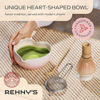Rehny’s Matcha Whisk Set | Complete Pink Matcha Set w/Heart-Shaped Bowl, Bamboo Whisk, Holder, Stainless Steel Sifter, Bamboo Scoop | Cute Gift Present Macha Kit Handmade Bowl | Macha Powder Tea Kit
