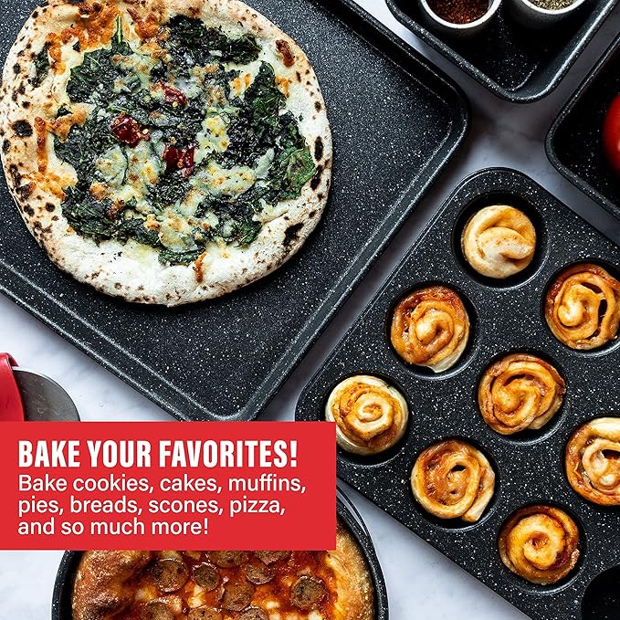 Granitestone Ultra Nonstick Bakeware Set, 5 Piece Dishwasher Safe Baking Pans Set with Muffin Pan, Loaf Pan, Round Baking Tray & Baking Sheet for Oven with Even Heating &No Warp Technology