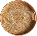 14" Round Rattan Tray, Hand Woven Serving Tray with Handles, Wicker Serving Basket, Decorative Tray for Home Decor, Natural