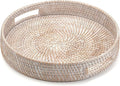 14" Round Rattan Tray, Hand Woven Serving Tray with Handles, Wicker Serving Basket, Decorative Tray for Home Decor, Whitewash