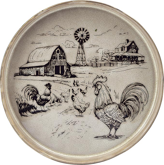 Pfaltzgraff Farmyard Rooster 12 Piece Farmhouse Style Dinnerware Set, Service for 4, Plate Bowl with High Rims, Rustic Design, Brown Black