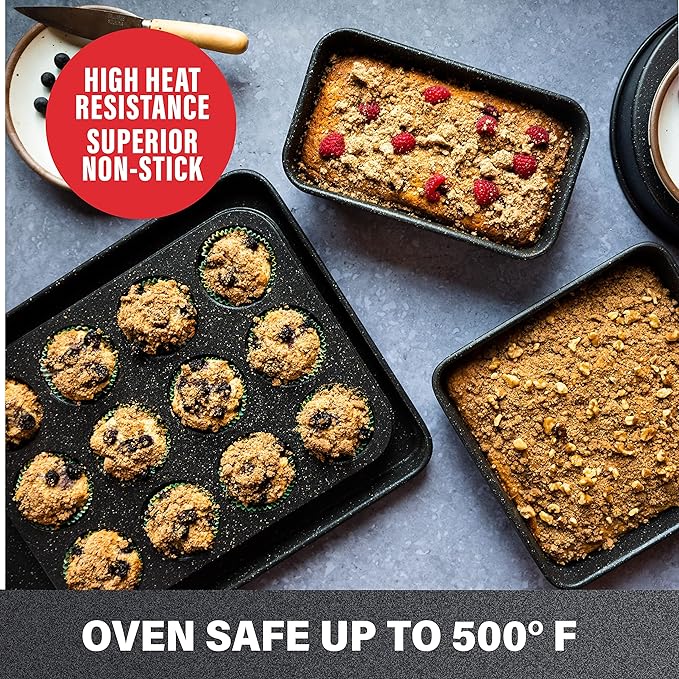 Granitestone Ultra Nonstick Bakeware Set, 5 Piece Dishwasher Safe Baking Pans Set with Muffin Pan, Loaf Pan, Round Baking Tray & Baking Sheet for Oven with Even Heating &No Warp Technology