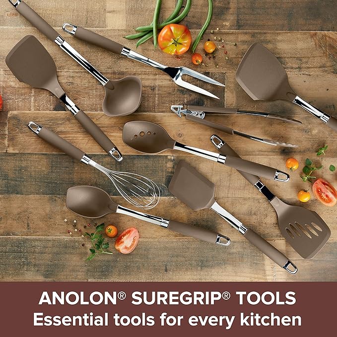 Anolon Tools Set/Nonstick Nylon Cooking Utensils/Kitchen Gadgets Includes Spoons, Turners, Ladle, Meat Fork, Whisk, and Locking Tongs, 10 Piece, Bronze