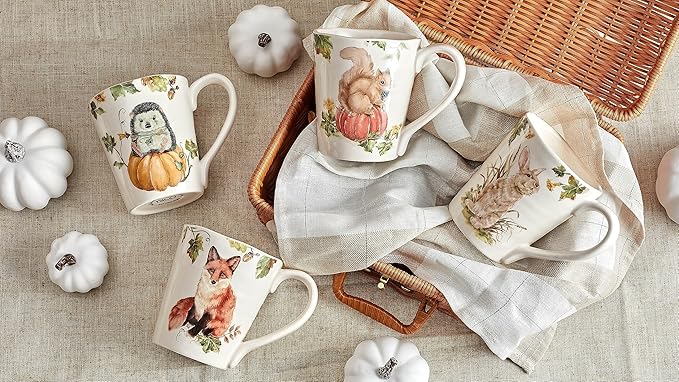 Bico Woodland Critters Ceramic Mugs, Set of 4, for Coffee, Tea, Drinks, Microwave & Dishwasher Safe