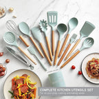 Country Kitchen Non Stick Silicone Utensil Set with Rounded Wood Handles for Cooking and Baking, 14 Piece Set, Mint