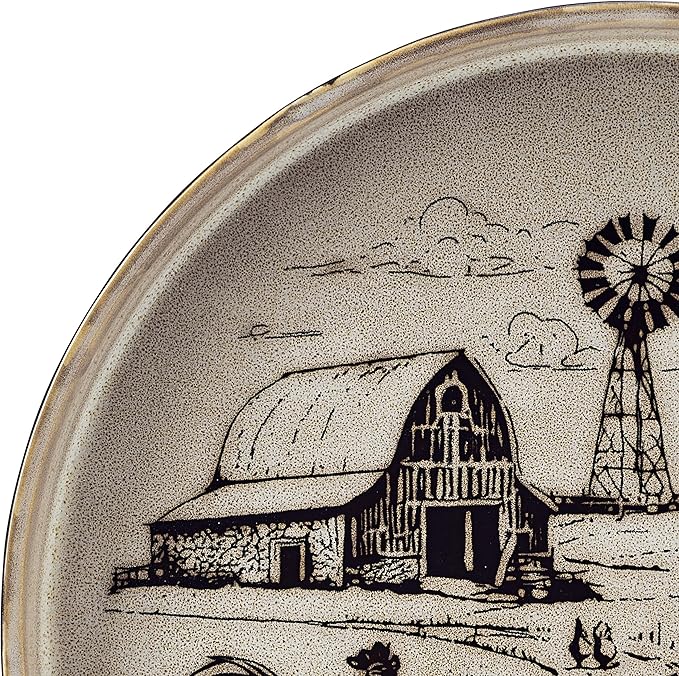 Pfaltzgraff Farmyard Rooster 12 Piece Farmhouse Style Dinnerware Set, Service for 4, Plate Bowl with High Rims, Rustic Design, Brown Black