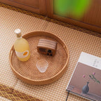 11.8" Round Rattan Tray, Hand Woven Serving Tray with Handles, Wicker Serving Basket, Decorative Tray for Home Decor, Natural