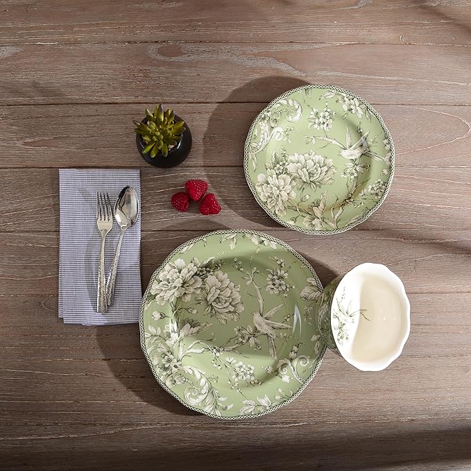222 Fifth Adelaide Sage 12-Piece Green Porcelain Dinnerware Set – Service for 4, Big Dinner Plates and Bowls Sets, Green with White Floral Pattern, for Daily Entertainment, Microwave & Dishwasher Safe